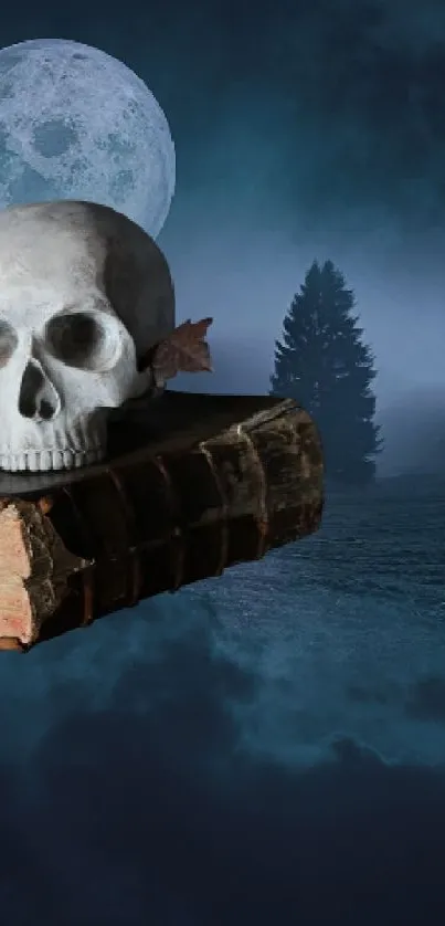 Gothic wallpaper with skull on book under full moon.