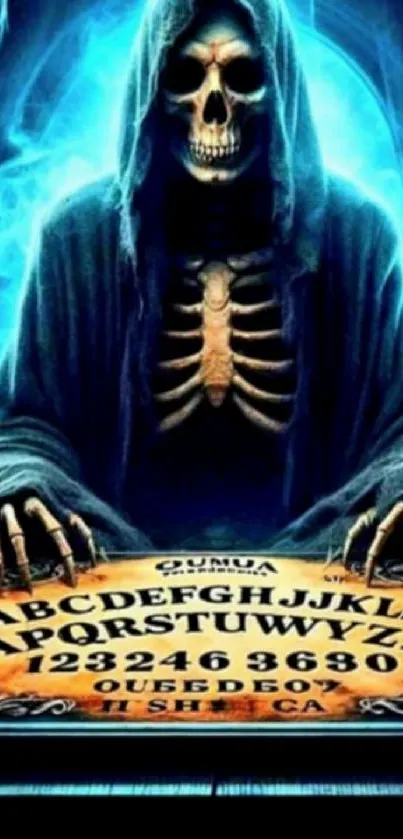 Grim reaper with skeletal hands over a glowing ouija board.