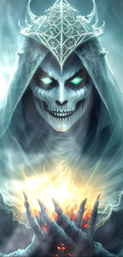 Mystical hooded skull with glowing flames wallpaper.