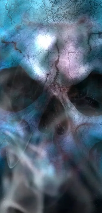 Eerie mystical skull wallpaper with blue smoky background.