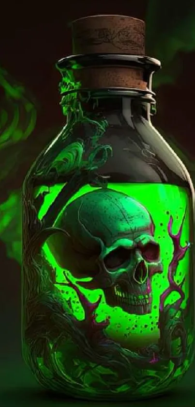 Eerie green skull potion bottle mobile wallpaper.