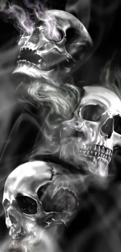 Mystical skulls encircled by smoke on a dark background.