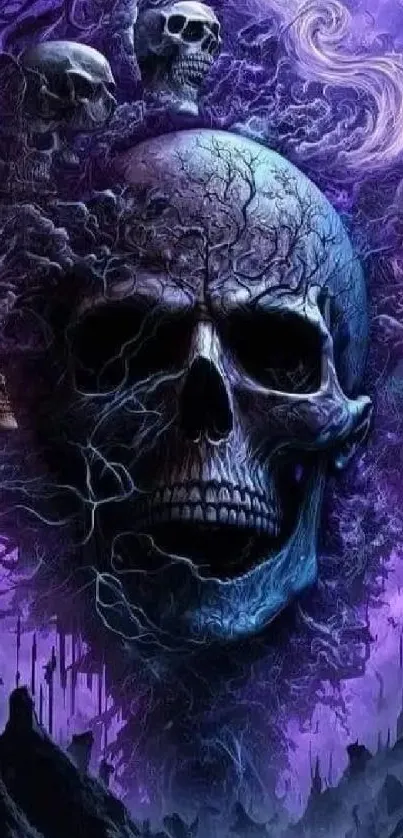 Mystical purple skull wallpaper with intricate dark details.