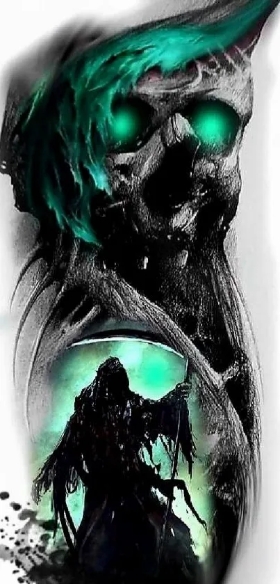 Mystical skull with glowing teal eyes design.