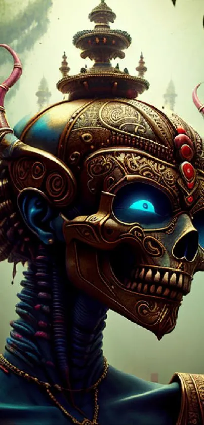 Mystical skull warrior with intricate armor in fantasy digital art.