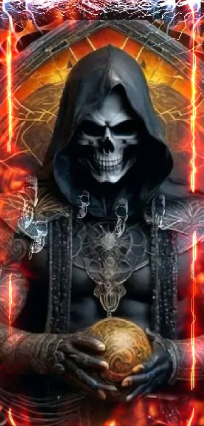 Hooded skull warrior in fiery mystical scene