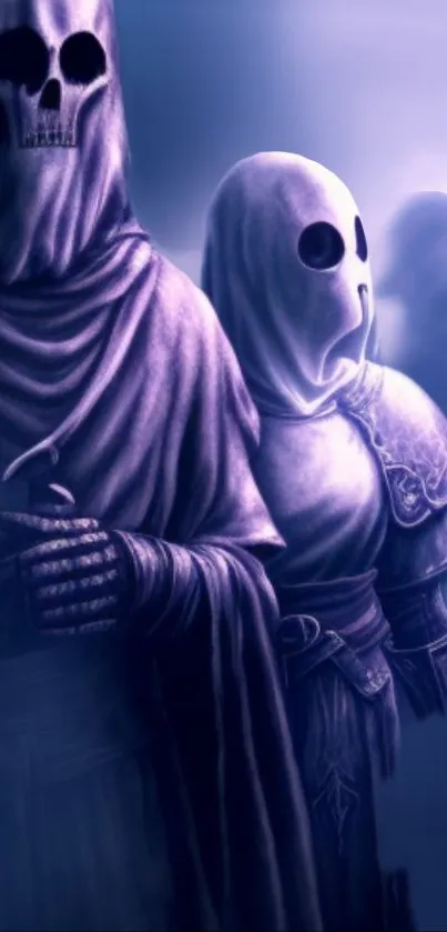 Mystical skull warriors in a purple-blue misty background.