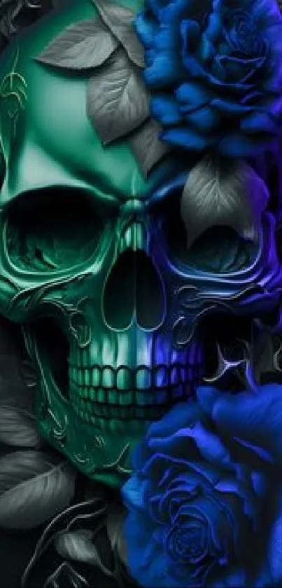 Mystical skull with blue roses on a dark background mobile wallpaper.