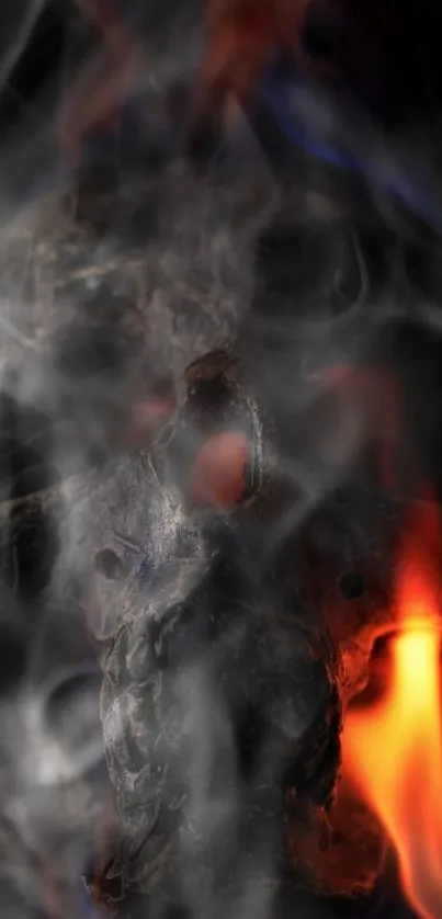 A mystical skull surrounded by smoke and fiery flames.