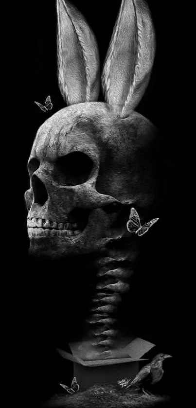 A skull with rabbit ears and butterflies on a black background.