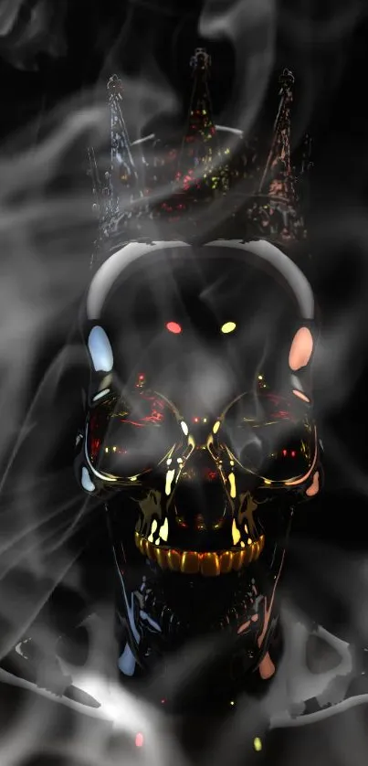 Mystical skull with crown surrounded by swirling smoke on dark background.