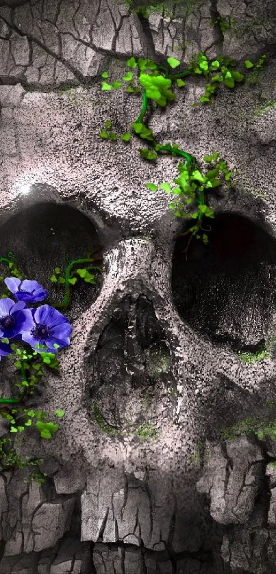 Mystical skull with purple flowers and green moss on stone texture.