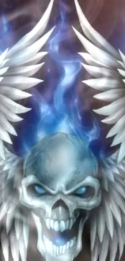 Mobile wallpaper of a skull with blue wings and flames.