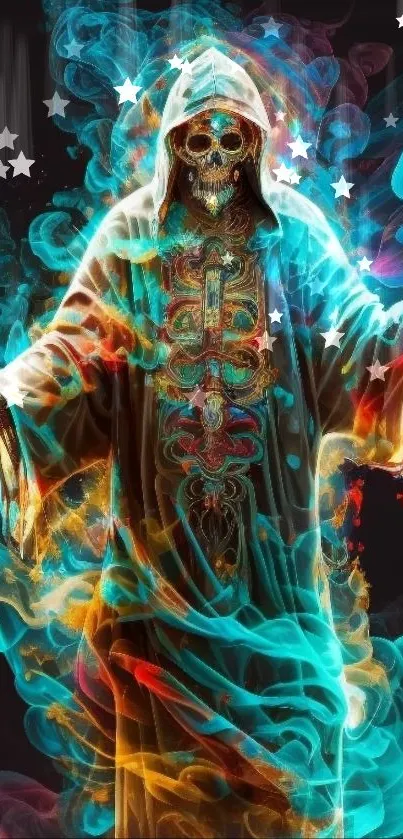 Colorful skull wizard art with swirling smoke and stars.