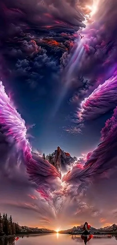 Ethereal purple sky with mountain reflection and vibrant clouds.