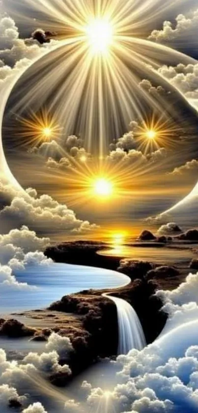 Fantasy sky with golden stars and waterfall