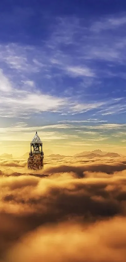 Fantasy castles rise above the clouds in a stunning sky.