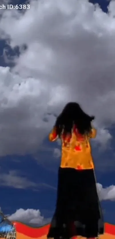 Silhouette of woman under dramatic clouds with vibrant colors and butterfly.