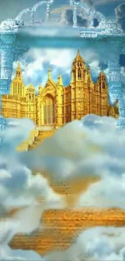 Golden palace amid clouds with blue sky.