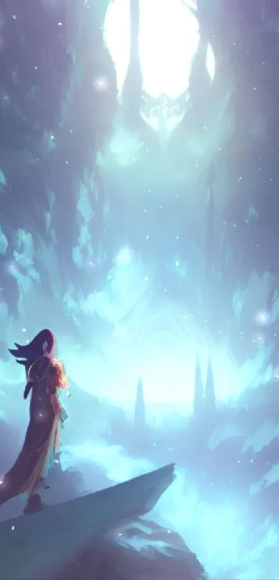 Person gazing at mystical sky portal in fantasy landscape.