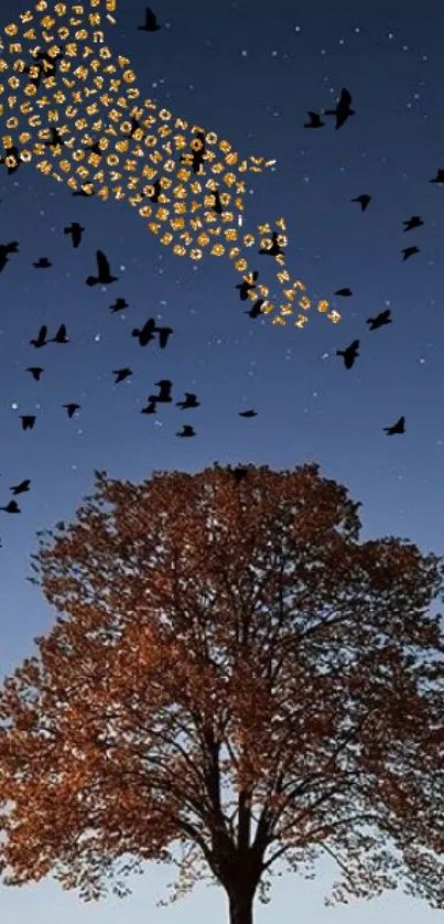 Tree silhouette with birds and letters in a starry evening sky.