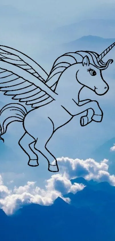 Unicorn with wings above cloudy, serene blue sky.