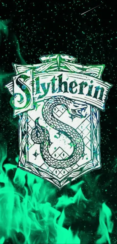 Slytherin emblem with green flames mobile wallpaper.