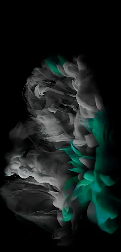 Mystical teal smoke on dark background, abstract art wallpaper.