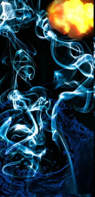 Abstract wallpaper with blue smoke and vibrant flame accents.