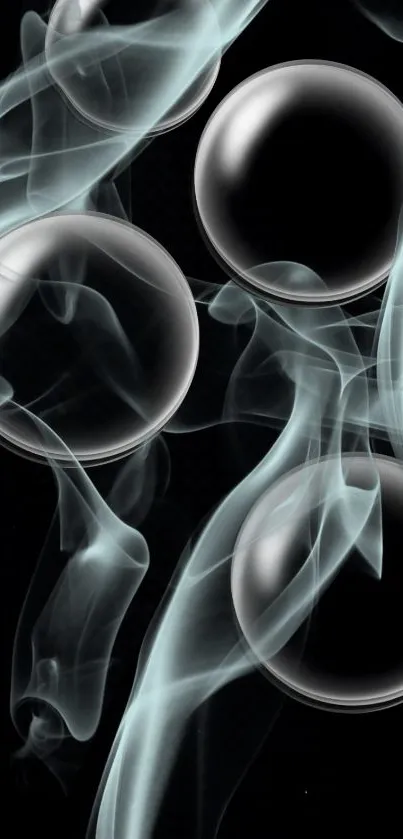 Abstract wallpaper with smoke and spheres on a dark background.