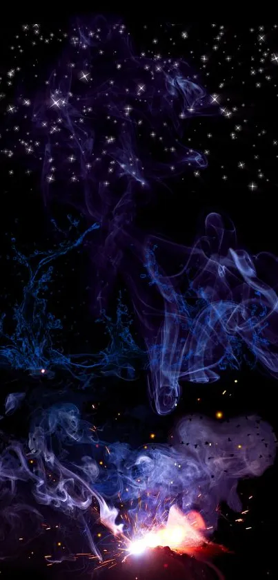 Mystical smoke with stars in blue and purple hues against a black background.