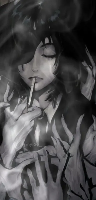 Artistic portrayal of a mysterious figure surrounded by smoke.