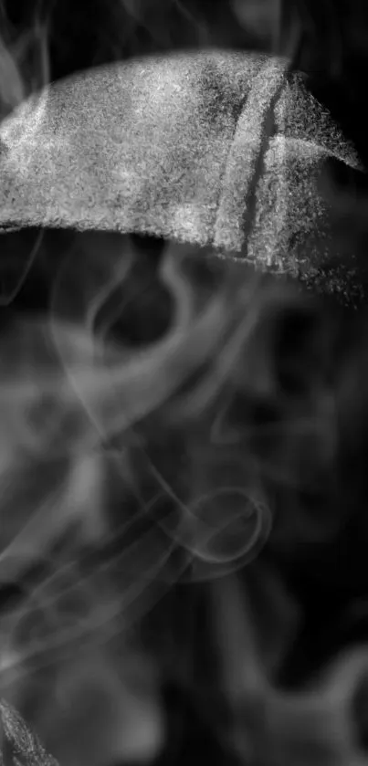 Mystical black and white smoke art on a mobile wallpaper.