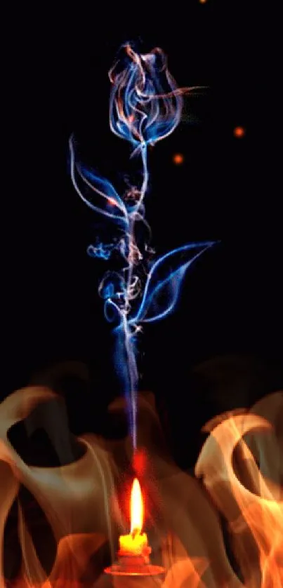 Mystical smoke forming a blue rose over a candle flame.