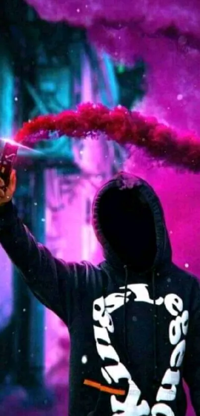 Mysterious hooded figure with purple smoke trail in urban setting.