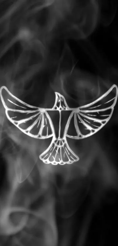 Monochrome bird amidst curling smoke on black background.