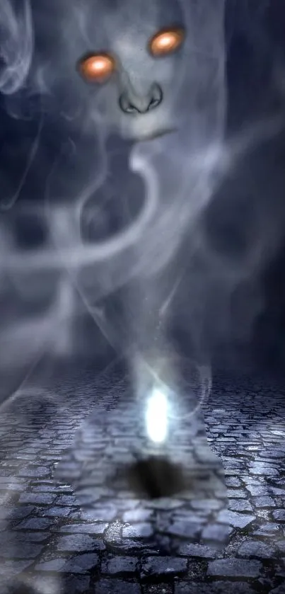 Eerie smoke creature with glowing eyes on cobblestone path.