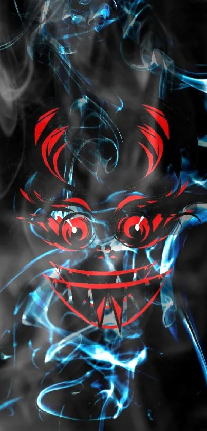 Mystical demon face in smoke with red eyes on dark background.