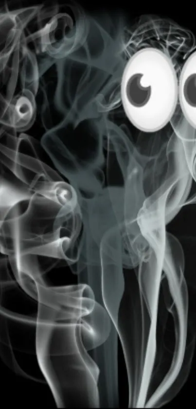 Mystical smoke pattern with googly eyes on a dark background.