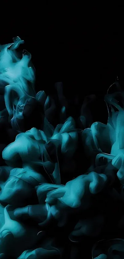 Teal smoke swirling on dark background, artistic wallpaper.