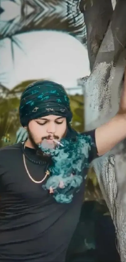 Person surrounded by blue smoke in a natural setting.