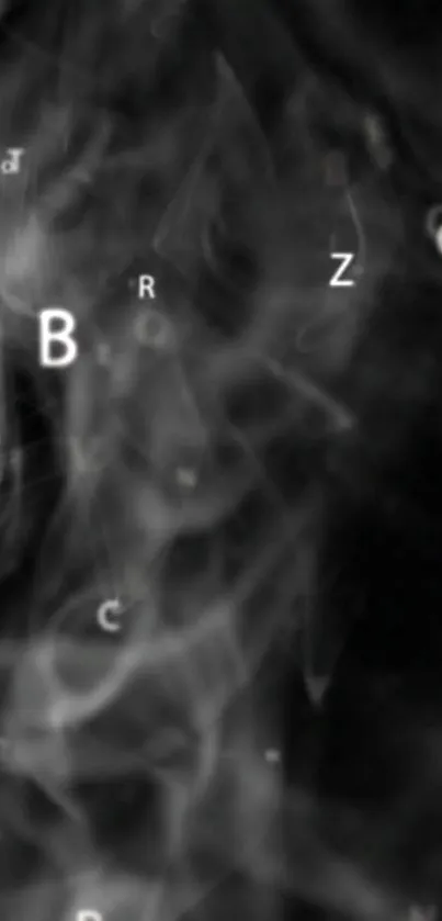 Abstract smoke and letters on black wallpaper.