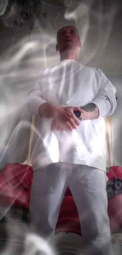 Man in white enveloped by mystical smoke in a serene setting.