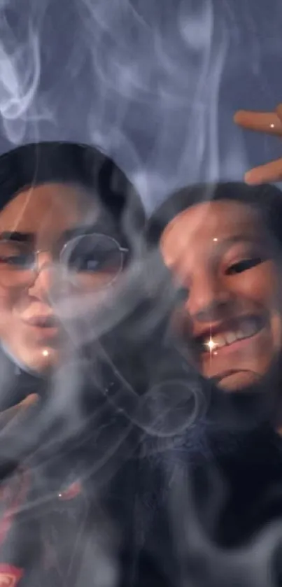 Mystical smoke effect with two people smiling in dark tones.