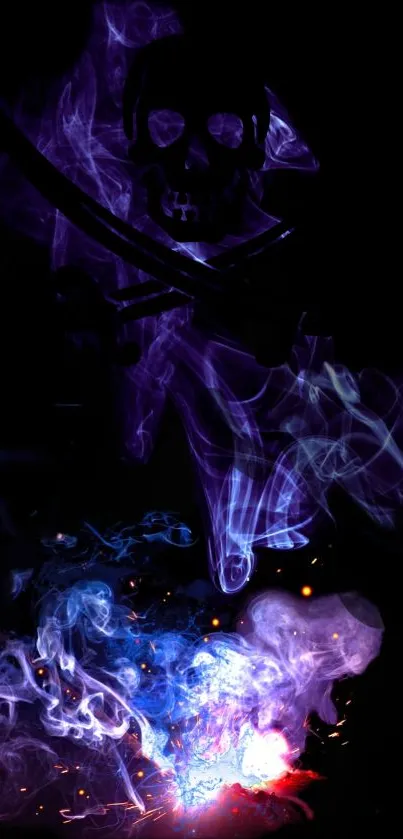 Mystical purple smoke forming a pirate skull with blue accents.