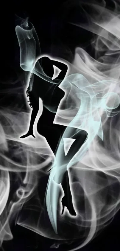 Mobile wallpaper of a silhouetted dancer in swirling mystical smoke.