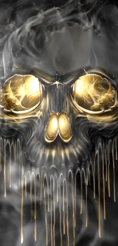 A mystical skull emerges through swirling smoke with glowing highlights.