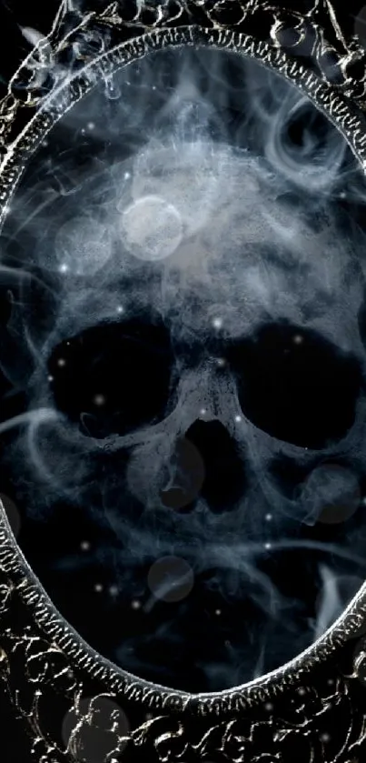 Smoke skull in ornate frame mobile wallpaper, dark background.