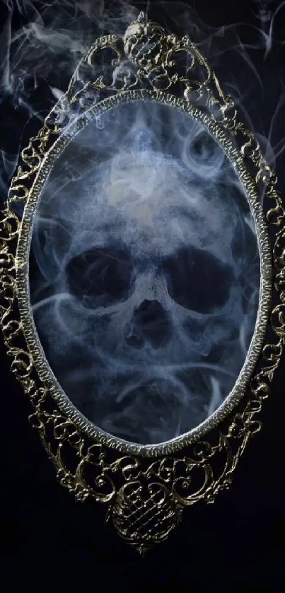 Mystical skull design with smoke in an ornate mirror on a dark background.