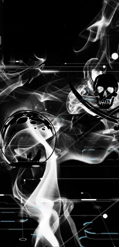 Mystical smoke art with skull on dark background.